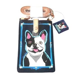 Brighton Buddy Denim Pouch Crossbody -Dog- leather strap- 2 outside slot new